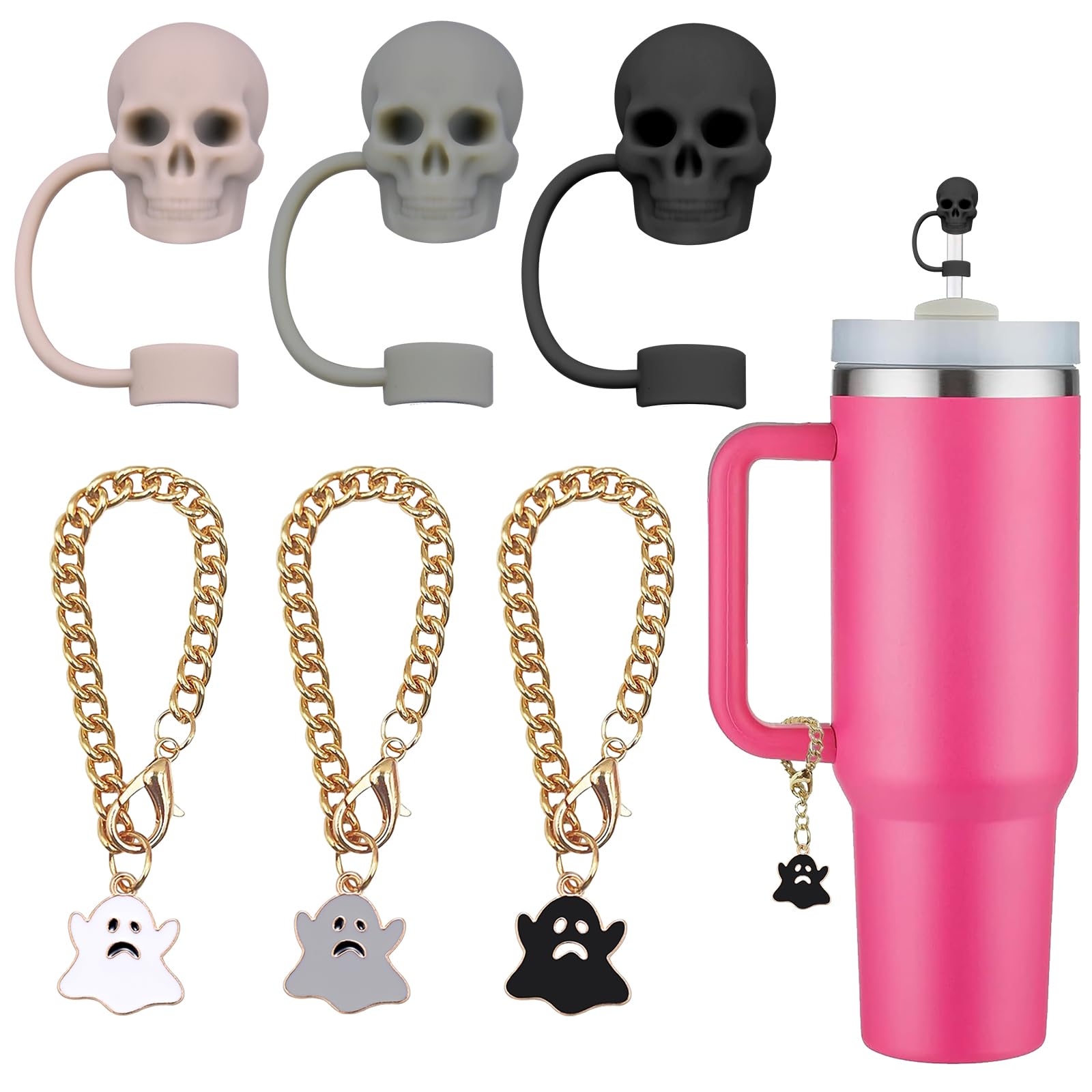 KWOYOS Skull Straw Cover Cap, Halloween Straw Cover Caps 10mm for Stanley Cups, Stanley Cup Accessories (3 Caps + 3 Chains)