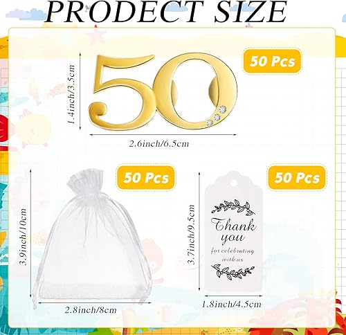 Miniatura 2 de 150 recuerdos de fiesta de cumpleaños número 50, 50 unidades de abrebotellas de fiesta de cumpleaños 50, 50 bolsas de organza blanca transparente,