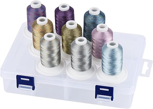 Simthread Metallic Embroidery Thread with Storage Box, 700M Snap Spools | 9 Colors for Embroidery and Sewing Machine