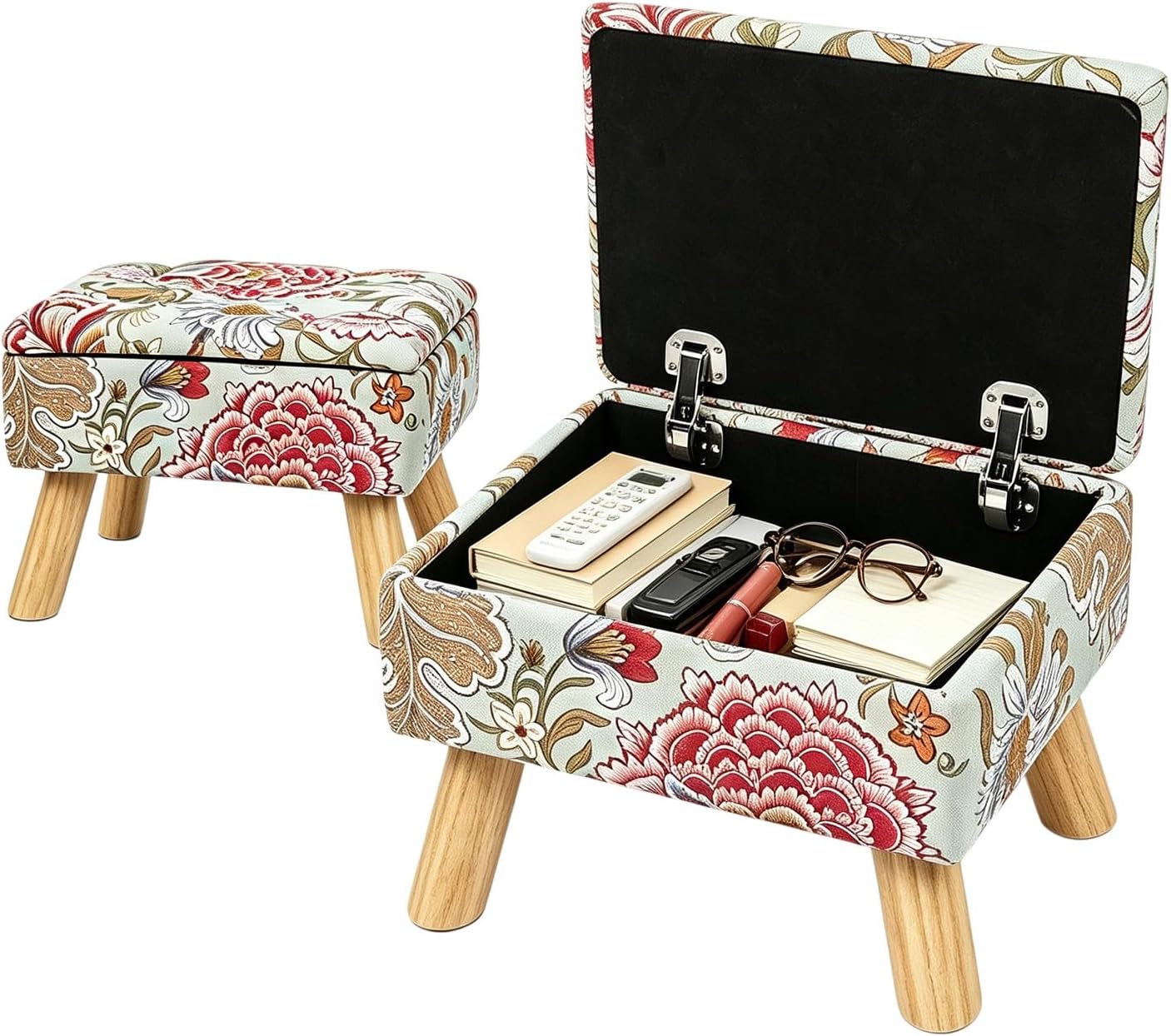 Small Storage Ottoman with Wood Legs, Boho Floral Upholstered Footrest