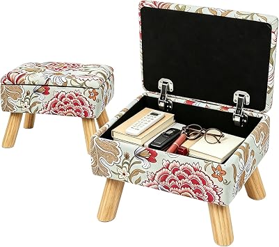 Small Storage Ottoman with Wood Legs, Boho Floral Upholstered Footrest