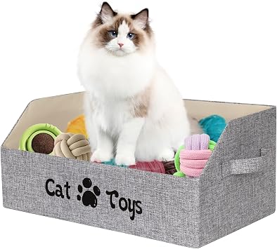 Large Size Cat Toy Box, 50x29x22 cm Collapsible Basket for Cats and Kittens, Pet Storage Box Chest Holder Organizer with Handles for Toys, Clothes and Accessories, Grey For Cat