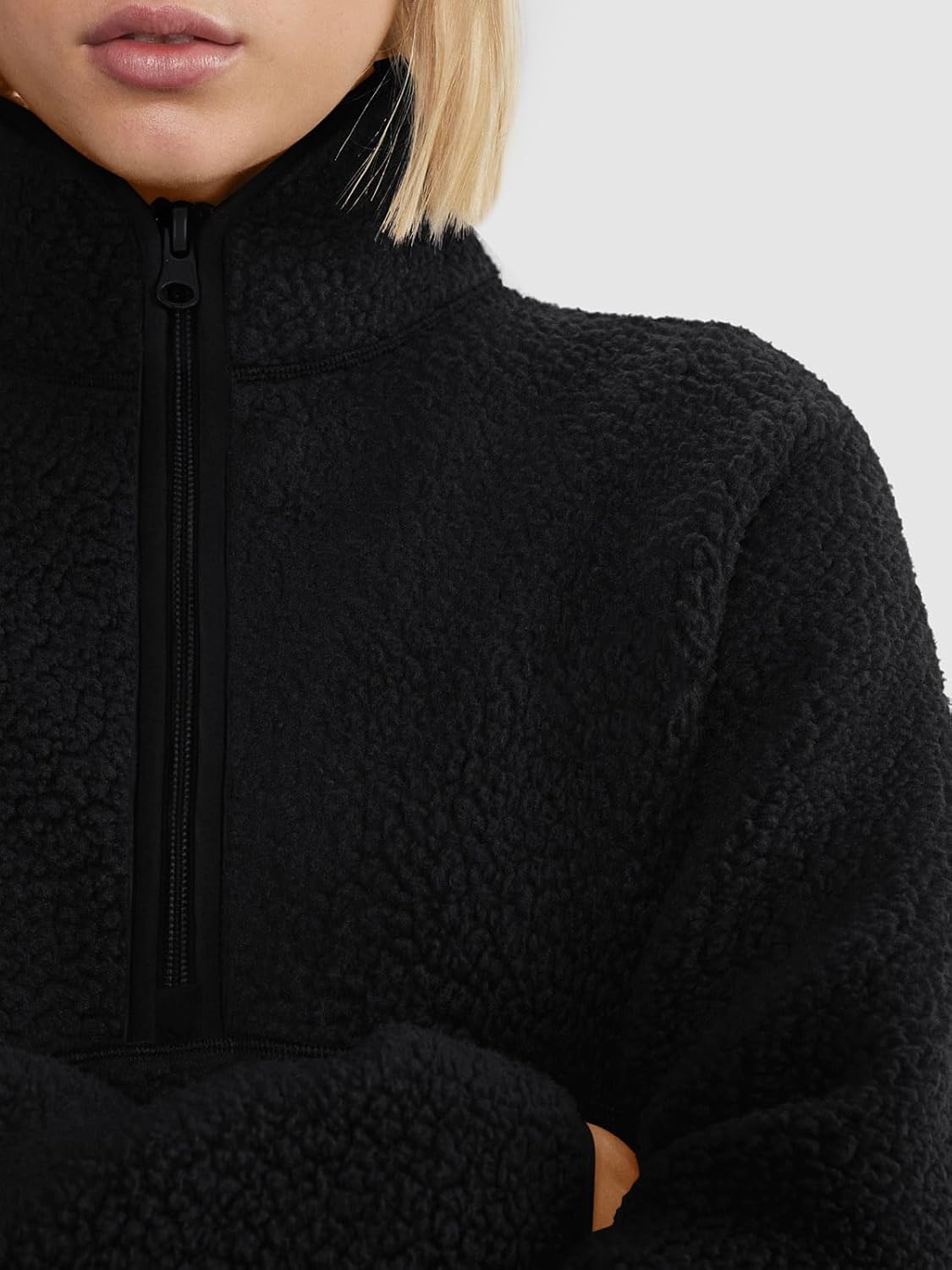 LASLULU Womens Half Zip Pullover Cropped Sweatshirts Sherpa Fleece Jacket Fuzzy Sweaters Cute Winter Jackets with Pockets - Image 2