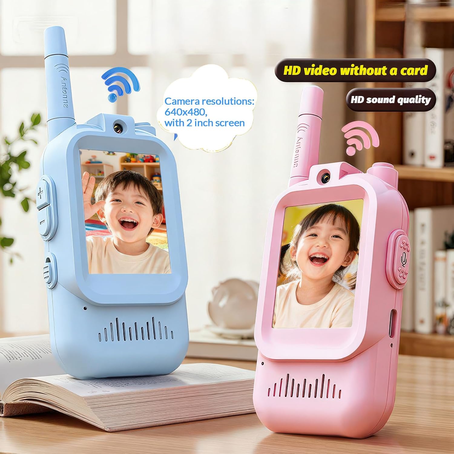 Video Walkie Talkies for Kids - 2 Pack with Real-Time Video & Voice Chat, Fun Voice Changer & Video Effects, Rechargeable, Long Range (500ft), Ideal for Indoor & Outdoor Play(Ages 3-12) (2 Blue)