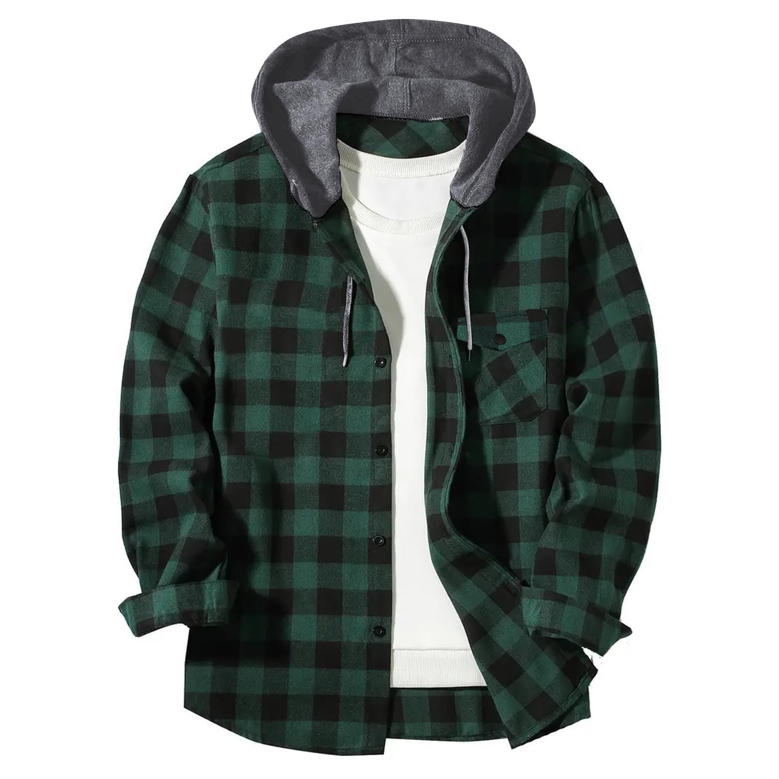 Shirts for Men Long Sleeve Fashion Casual Button Down Plaid Shirt Drawstring Hooded Jackets Lightweight Shacket 2026 — view 26