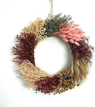 Rustic Nature Flower Big Christmas Wreath 17, Dried Natural Colorful Flower Garland Wall Hanging Decoration, Wheat, Preserved Statice Grass, Luxury Welcome Wreath for Front Door Window Decor
