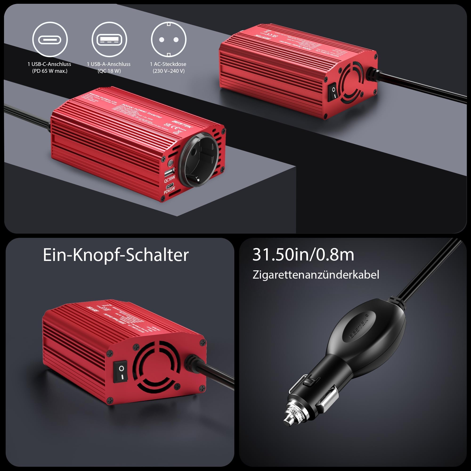 BESTEK 300W Wechselrichter/Spannungswandler 12v 230v /Stromwandler Inverter 12v auf 230v /mit Zertifiziert und Dual USB 4,8 A（PD65W&QC18W） inkl. Kfz Zigarettenanzünder Stecker Rot