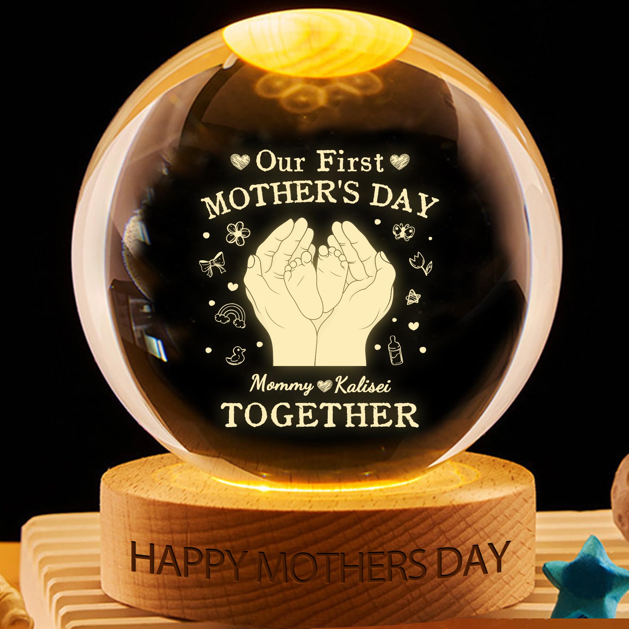 VWCSDSCS Personalized Our First Together Crystal Snow Globe Night Light Custom Mommy & Baby Names, 3D LED Lamp with Wooden Base, Bedroom Decor & Sentimental Gifts for New Mom, Baby Shower, Birthdays