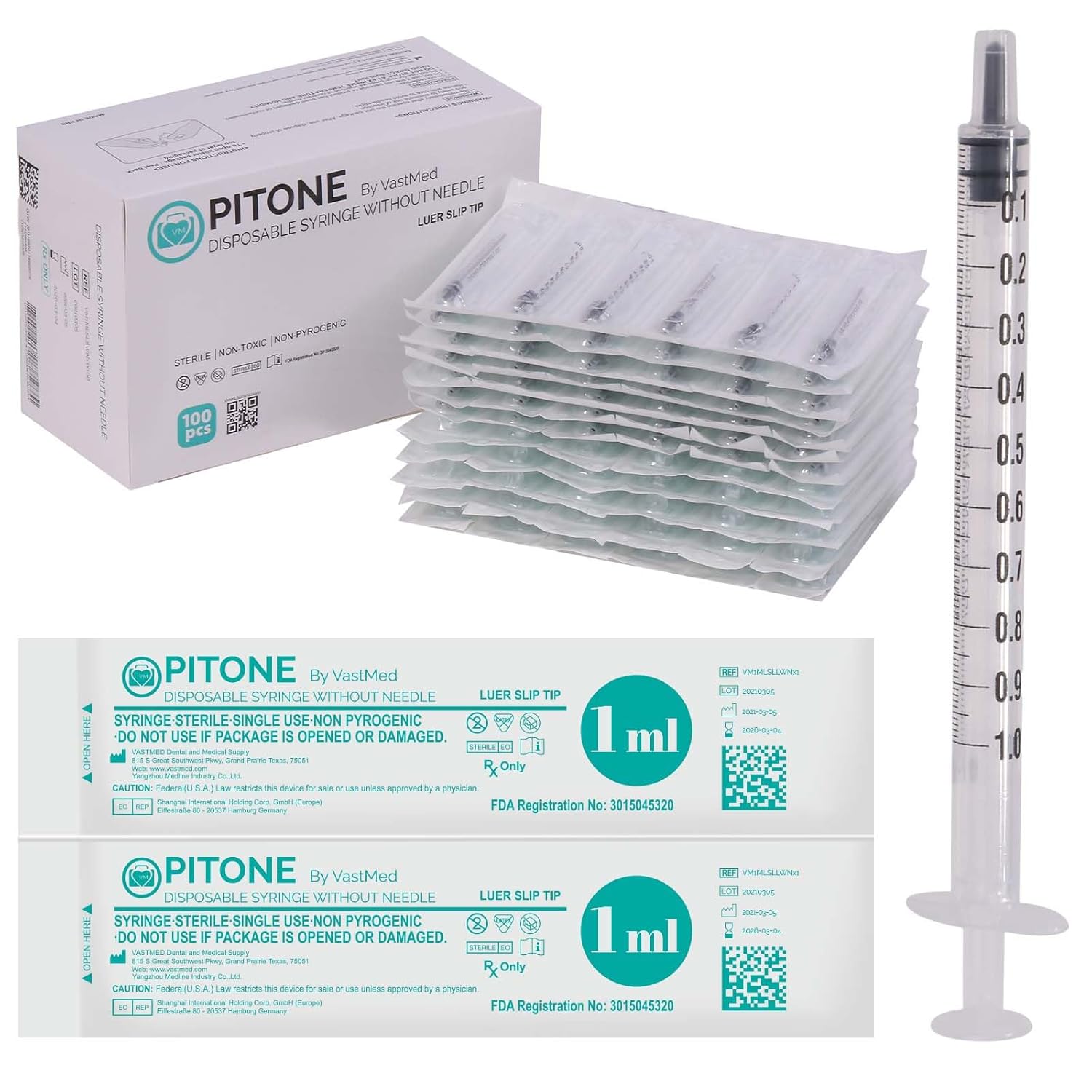 200 Pcs Disposable 1ml Syringe Without Needle by Vastmed | Luer Slip Tip Syringes, Non-Sterilization Individually Blister Packed | Individually Packaged Oral Syringe for Scientific Labs, Dispensing