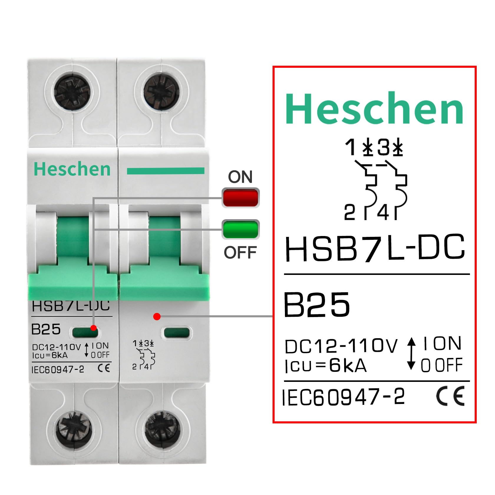 Heschen DC Miniature Circuit Breaker, HSB7L-DC, 2 Poles, DC 12-110V, Type B, 6KA Breaking Capacity, 35mm DIN Rail Mounting (25A) - Image 4