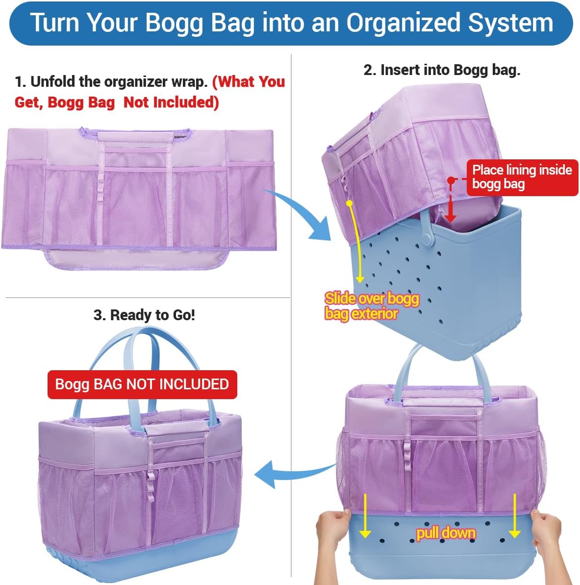 Nyton Organizer Insert for Original Large Bogg Bag Cover Beach Liner for XL Bogg Storage Separator with Mesh Pocket Sport Mom (Purple, Original - Large, 1 Organizer Insert) image 2