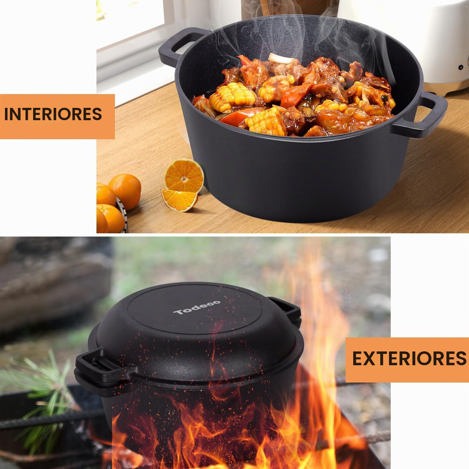 Todeco 5L Olla de hierro fundido con Tapa, 2 en 1 Horno holandés Presazonado con Receta, para Todo Tipo de Cocinas, Cacerola para camping, cocina, BBQ Bake