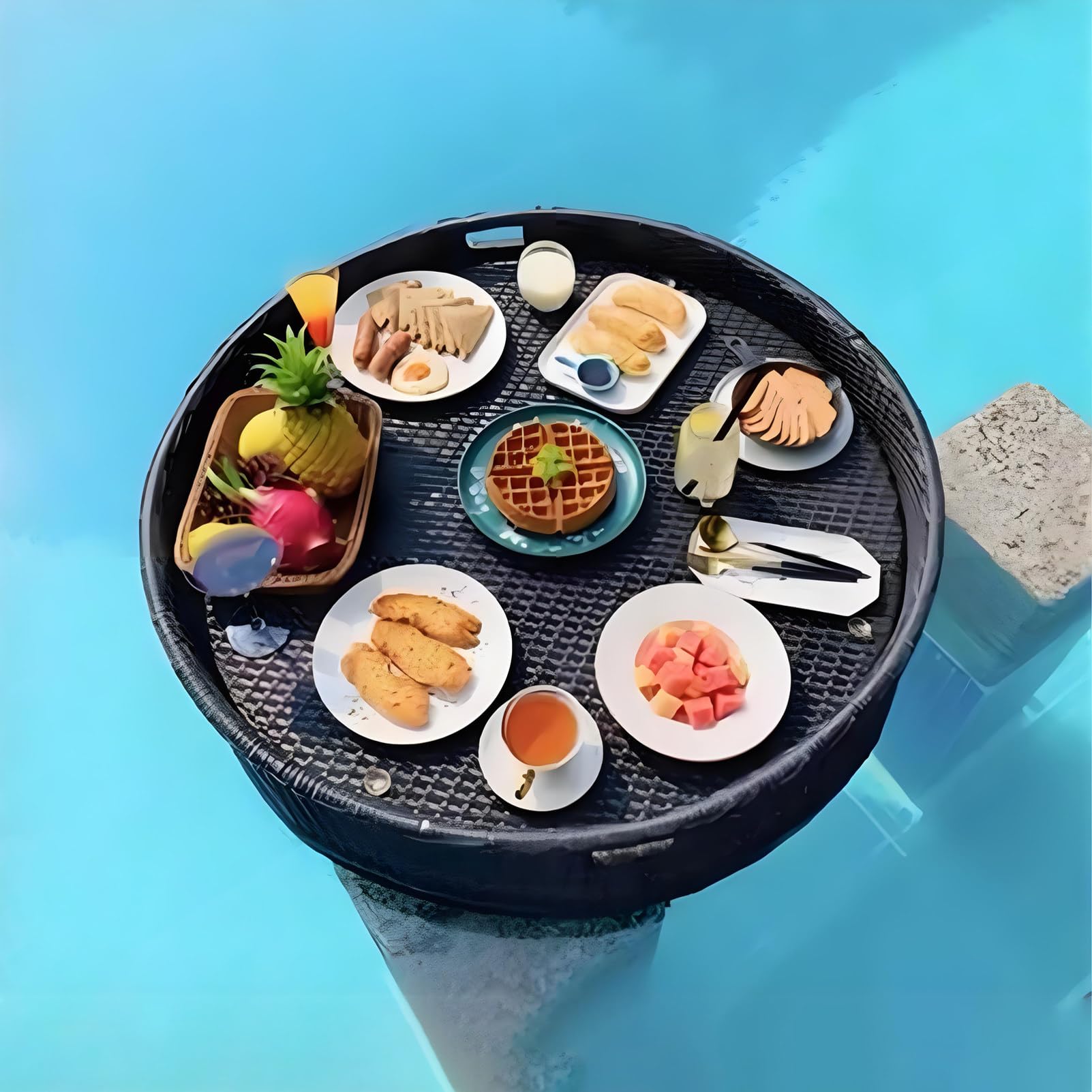 Bandeja flotante, bandeja impermeable y duradera con asas para piscinas y jacuzzis, perfecta para desayunos y fiestas en la playa, diseño redondo de 60 cm