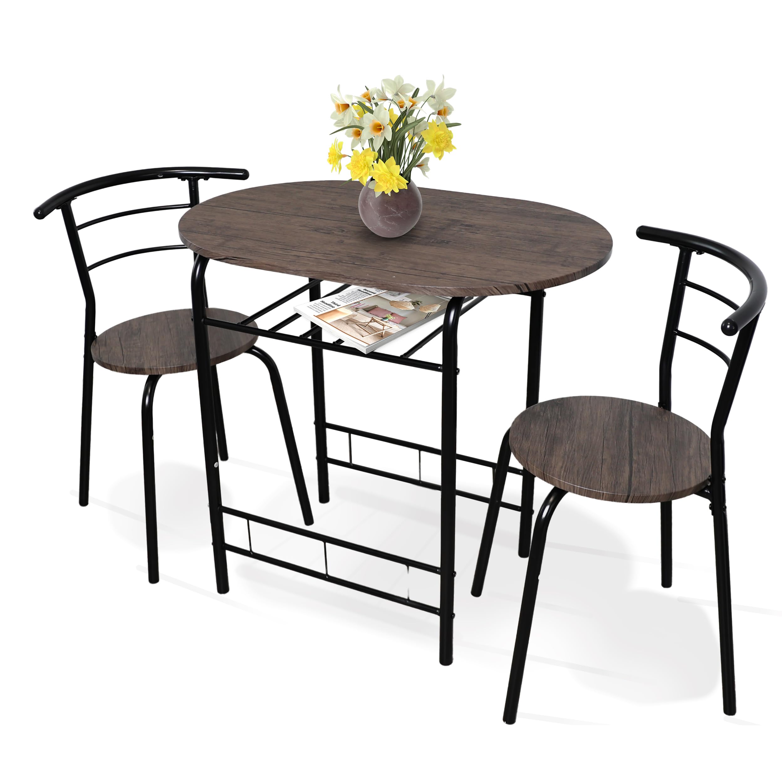 DIVCHI 3 Piece Dining Table & Chairs Set, Compact Dining Room Set With Storage Shelf And Wine Rack, Modern Breakfast Bar Table Set For Kitchen/Apartments/Small Space