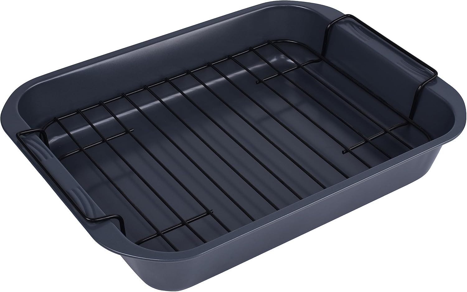 Sartenes para asar con estante, asador de pavo de 15 x 10.5 x 2.5 pulgadas para pavo pequeño, pollo, carnes y verduras, lasaña (gris)