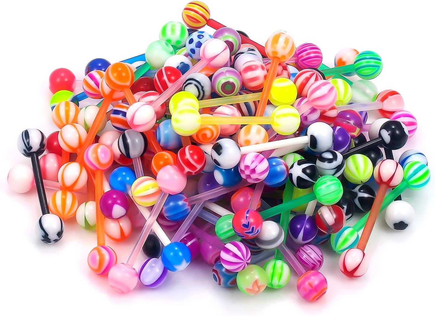 14G 100Pcs Colorful Ball Surgical Steel and Bioflex Flexible Acrylic Nipple Tongue Rings Piercing Jewelry 14 Gauge Straight Barbell Tongue Nipple Ring Piercing Jewelry Retainer For Women Men
