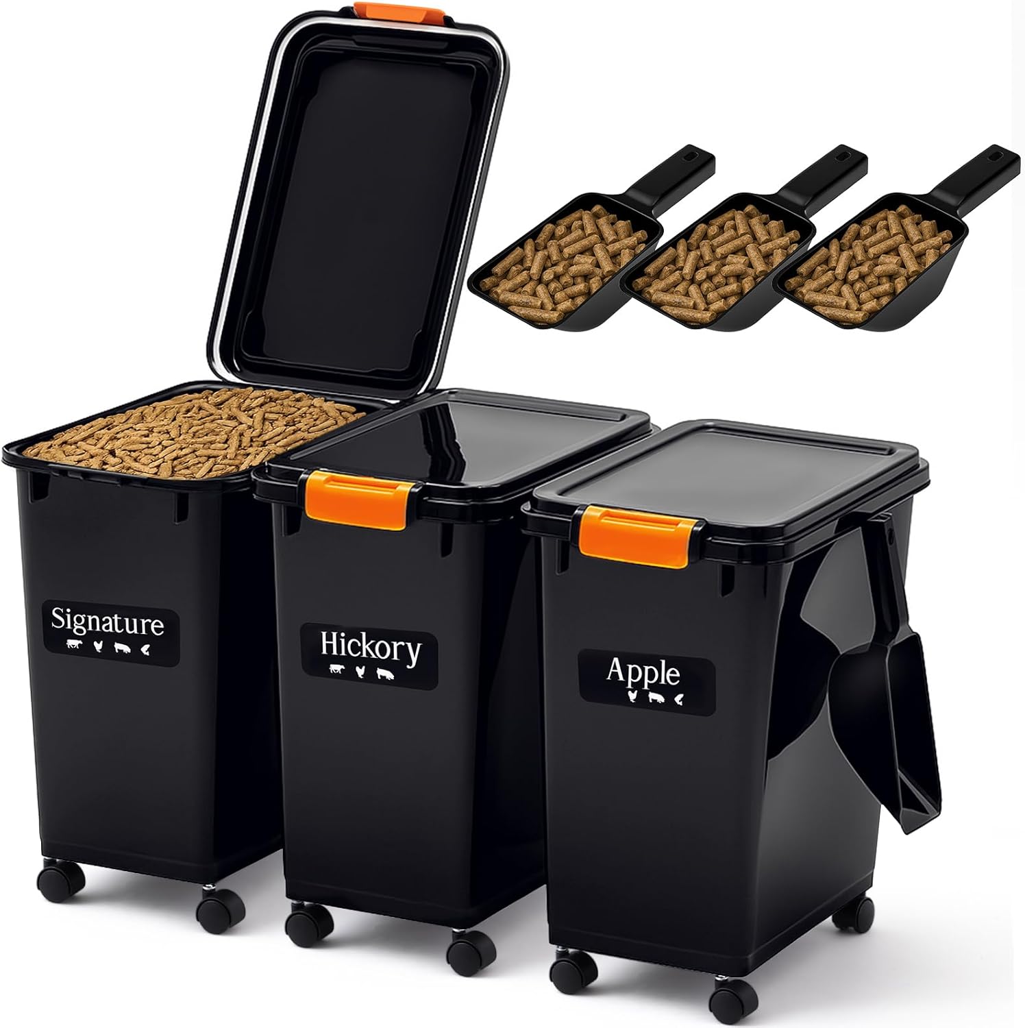 Maxdot 3 Sets 22lb Dry Pellet Storage Bin Kit with wheels, Scoops and Labels Grill Accessories Wood Pellet Storage Containers with Flavor Stickers Airtight for Grill Pellets