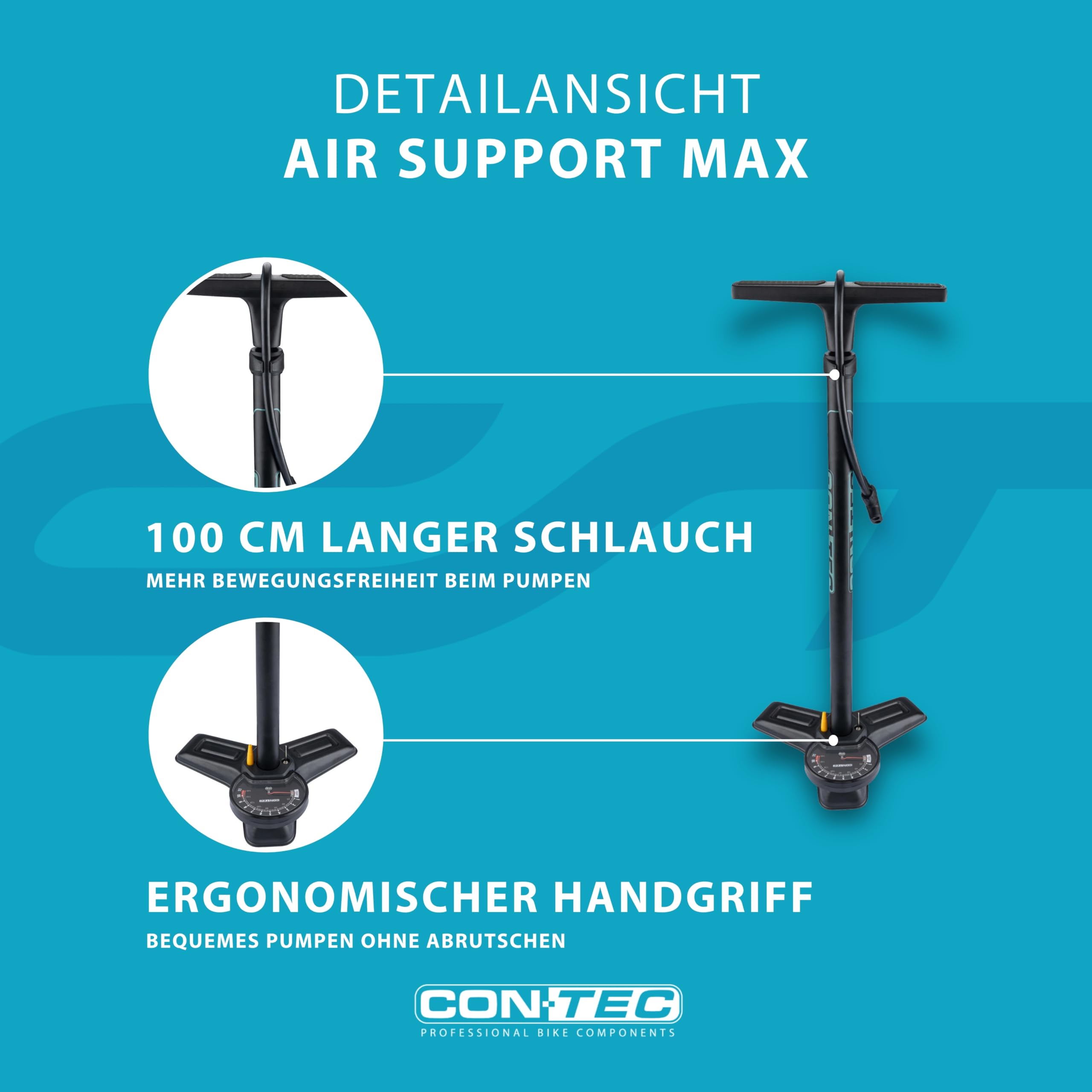 CONTEC Standpumpe Air Support Max, 67 cm, aus Stahl und Kunststoff, 11 bar/160 psi, für alle Ventile, inkl Ball- & Matratzenadapter, 1 Stück, schwarz/sage Green