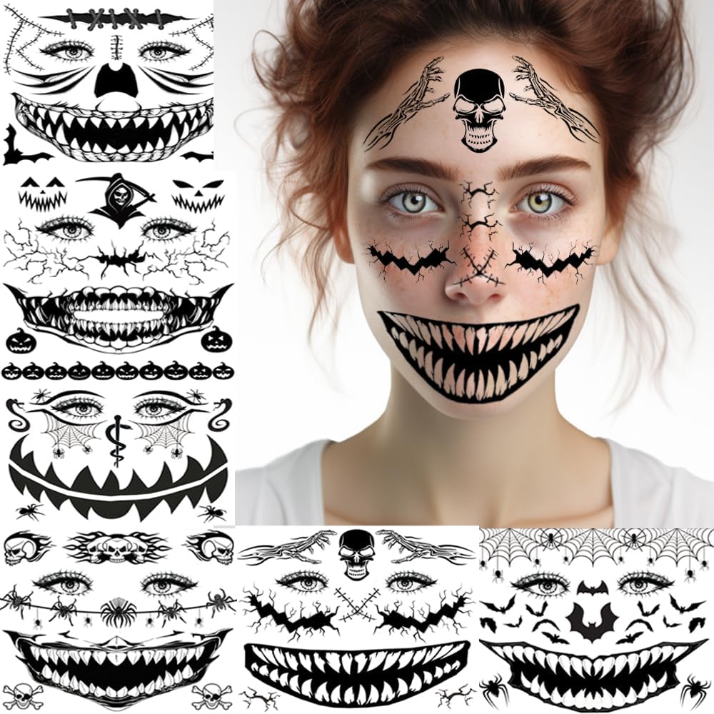 Enyacos 7pcs Scary Halloween Face Temporary Tattoos For Women Men