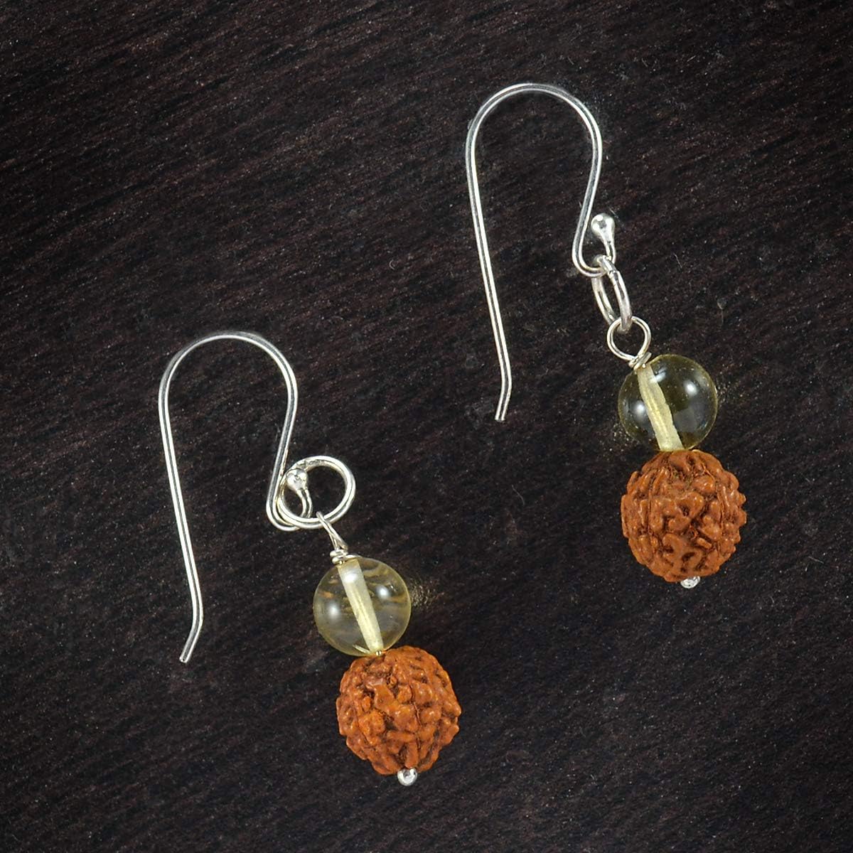 Silvesto India 925 Sterling Silver, 6 mm Round Citrine With Rudraksha Dangle Earring Handmade Jewelry Manufacturer
