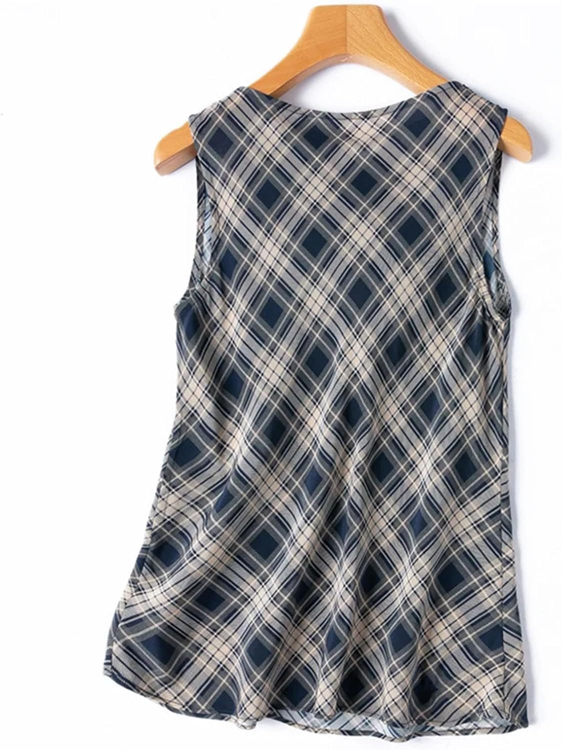 レディース クレープシルク ドレープネックタンクトップ、マルベリーシルク100%、ネイビーチェックプリント