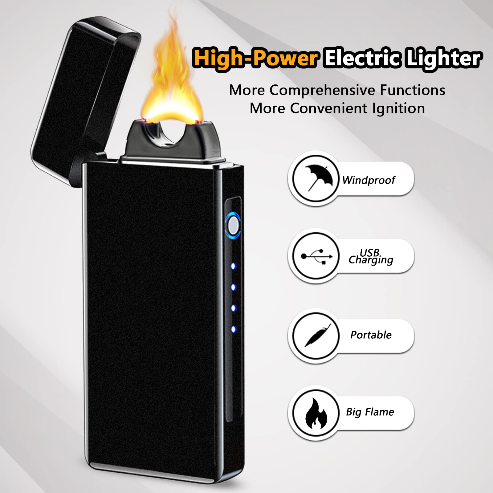 Encendedor Eléctrico con Revestimiento de PVD, Mechero Electrico de Llama Grande, Encendedor USB con Arco Engrosado, Hermoso Electric Lighter, Regalos para Hombres (Negro Esmerilado)