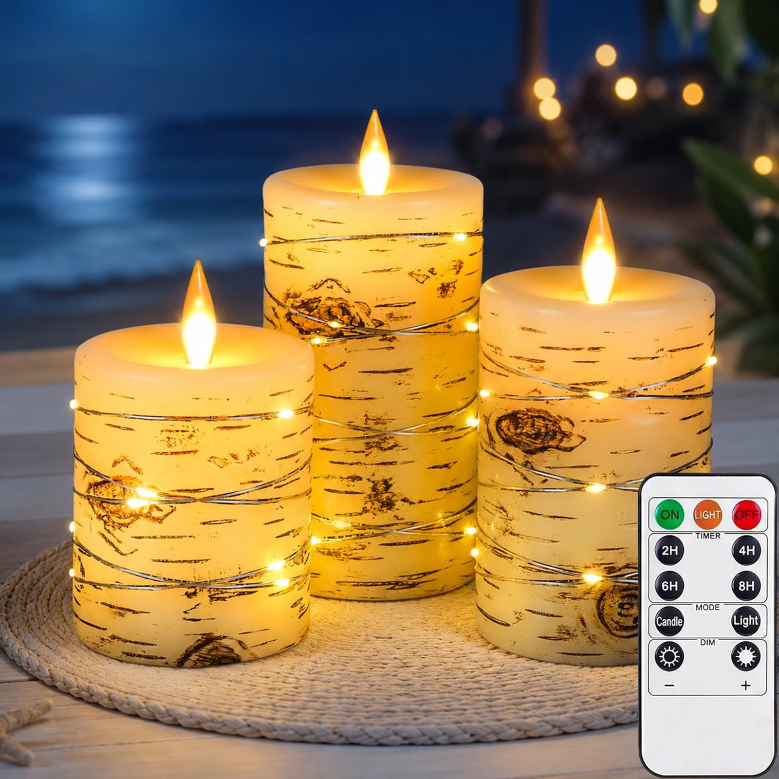 Flameless Candles Light, Set of 3 Flickering LED Candle with Remote & Timer, Dimmable Real Wax Electric Pillar Candles Battery Operated, Candle for Home Wedding Party Holiday Decor (Pine Bark)