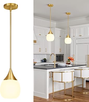 Kitchen Island Pendant Light Mid Century Brushed Gold Hanging Light Fixtures with Milky Glass Globe - 6 Inch Farmhouse Chandeliers Ceiling Lighting for Dining Room