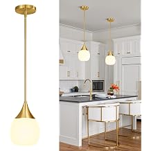 Kitchen Island Pendant Light Mid Century Brushed Gold Hanging Light Fixtures with Milky Glass Globe - 6 Inch Farmhouse Chandeliers Ceiling Lighting for Dining Room