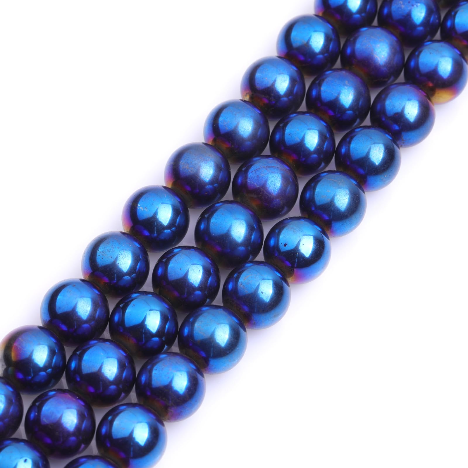 GEM-Inside Natural 14mm Non-Magnetic Blue Metallic Coated Hematite Round Gemstone Semi Precious Loose Beads for Jewellery Making 15''
