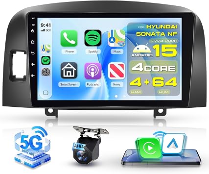 4 Core 4+64G 5G WiFi Android Car Radio for Hyundai Sonata NF 2004-2008, 9 HD 1280 * 720P Touchscreen Android 15 Wireless Carplay Android Auto BT5.0 GPS FM/RDS EQ WiFi Backup Camera