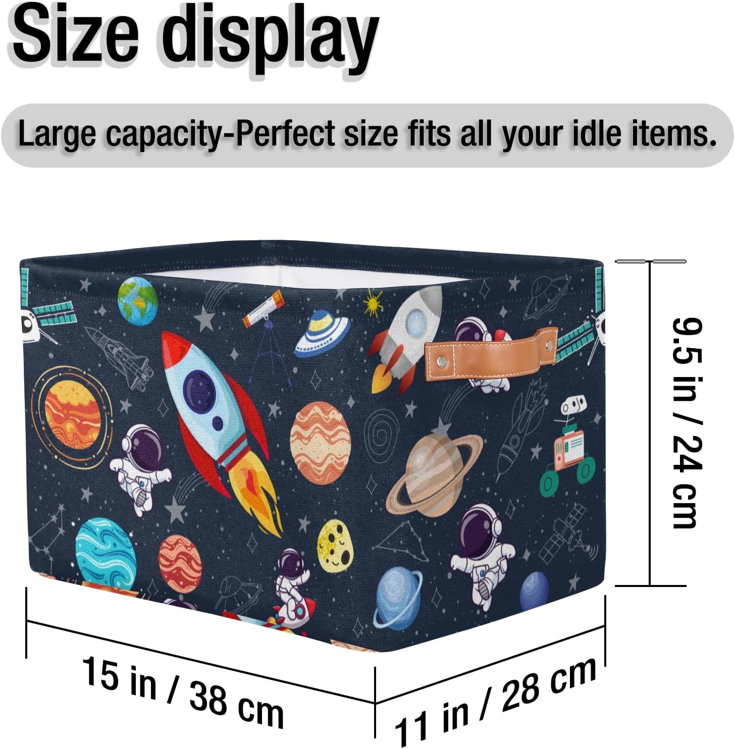 Space Storage Basket with Leather Handles, Rocket & Astronaut Decorative Storage Bin for Kids Room, Nursery, Playroom, Foldable Cloth Organizer for Toys, Books, Boys Room Space Themed Decor