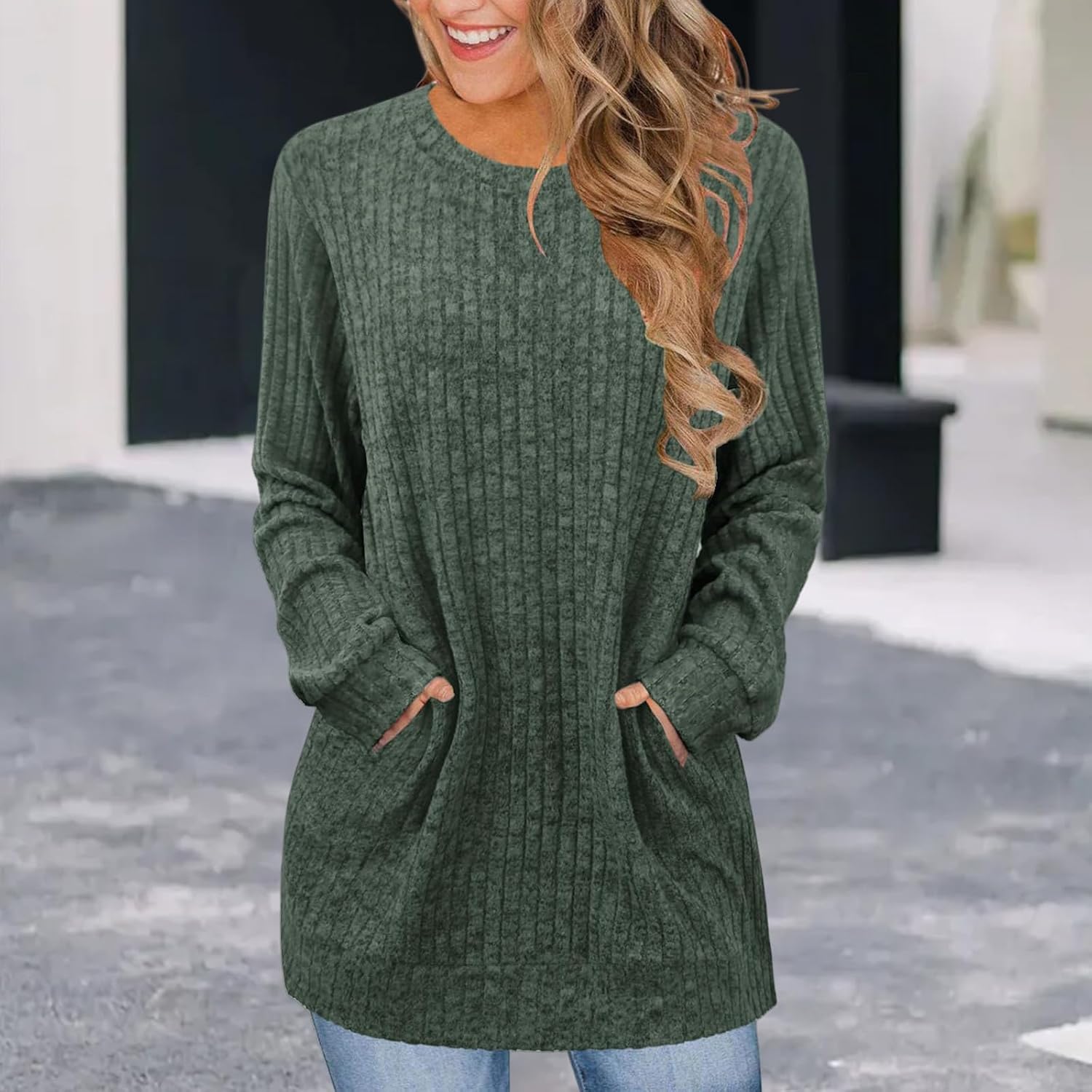 Womens Sweaters Long Sleeve Shirts Loose Fit Crewneck Sweaters Casual Solid Tunic Tops Lightweight Pullover Blouse