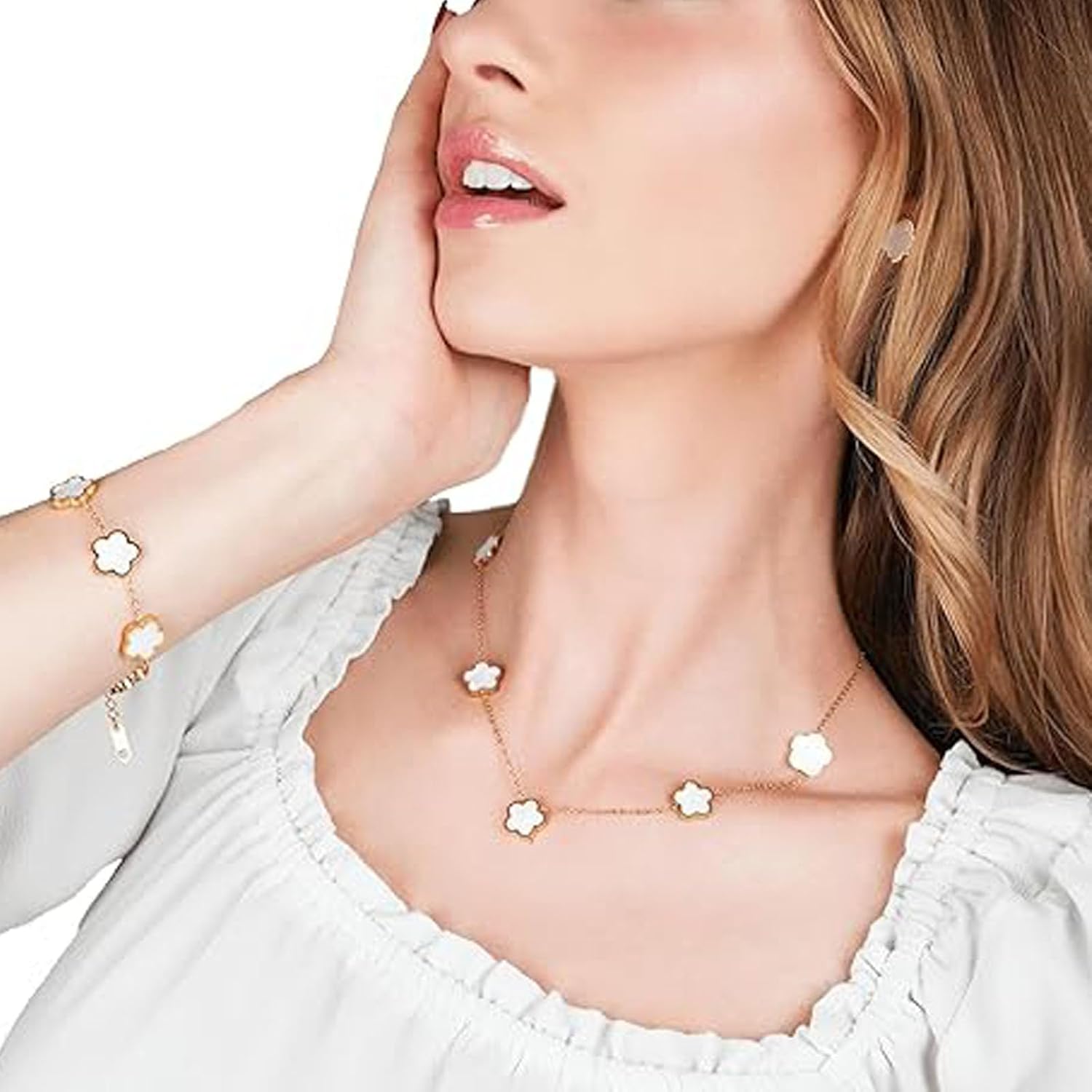 Lucky Five Leaf Clover Sets,18K Gold Plated Bracelet Necklace Earrings,Five Leaf Clover Necklace Pendant Earring Bracelet Set ,Jewelry Gifts for Women - Image 7