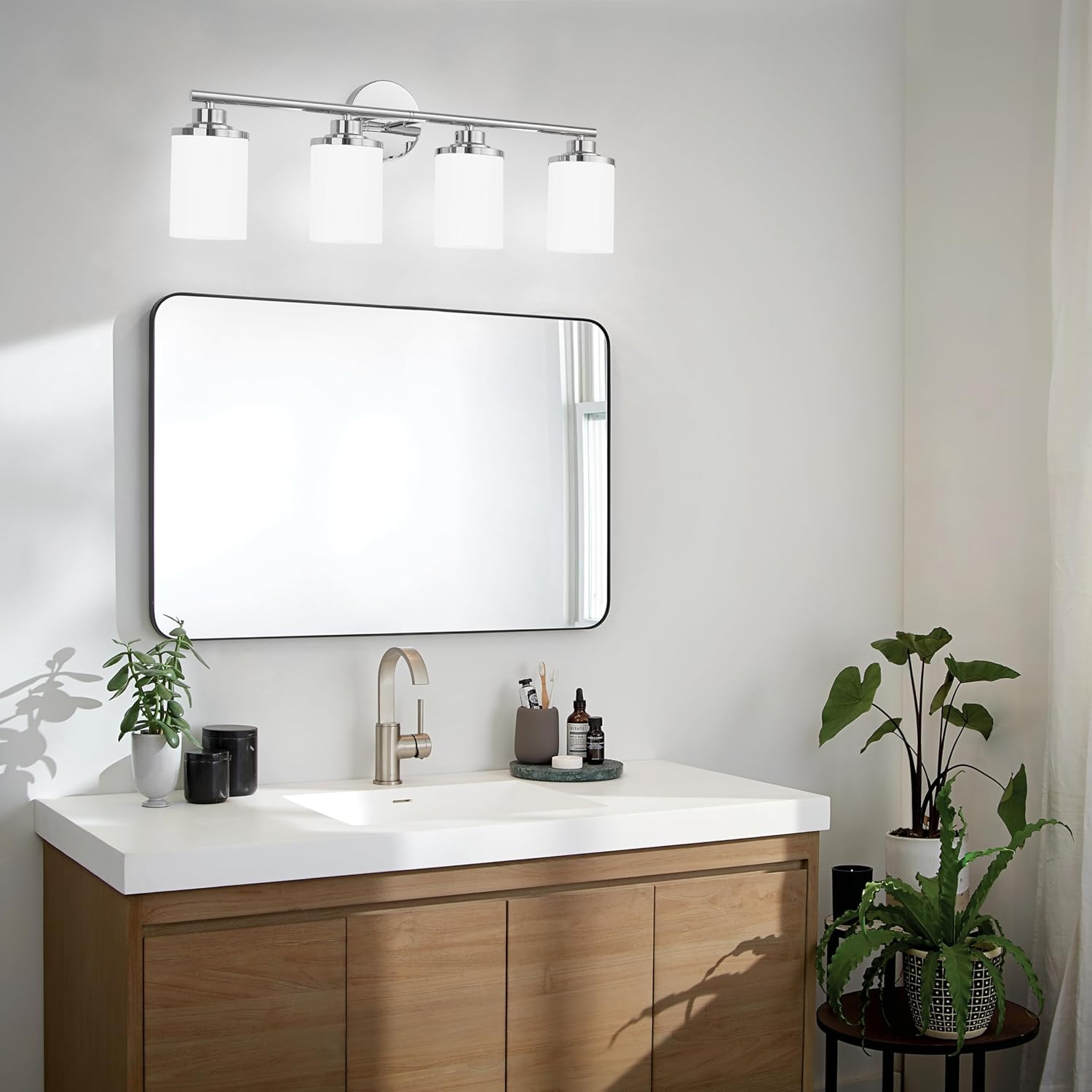 Chrome Bathroom Light Fixtures,4-Light Chrome Vanity Lights,Chrome Bathroom Lights Over Mirror,Mid-Century Modern Sconce with Frosted Glass