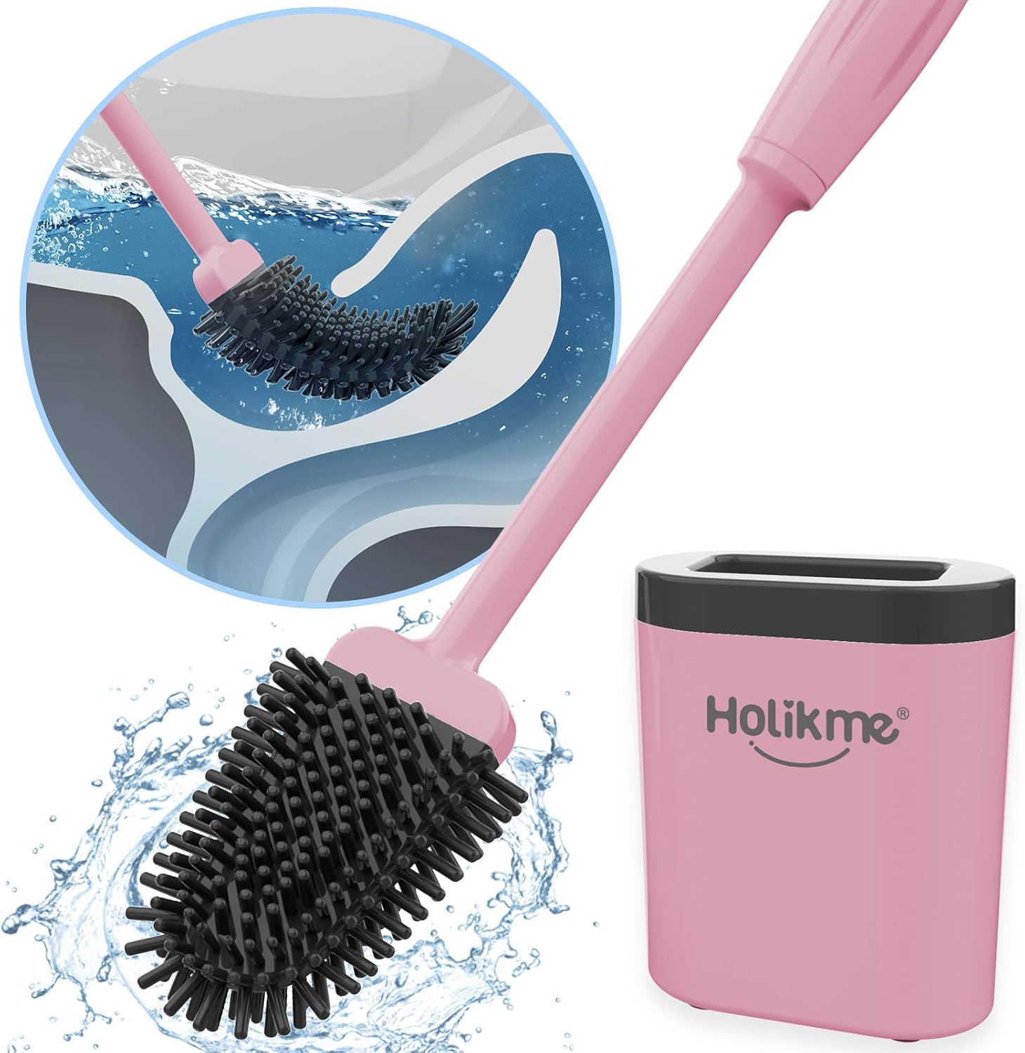 Holikme Toilet Brush and Holder Set for Bathroom, Silicone Toilet Bowl Brush with Non-Slip Long Plastic Handle, Bendable Brush Head to Clean Toilet Corner Easily, Pink