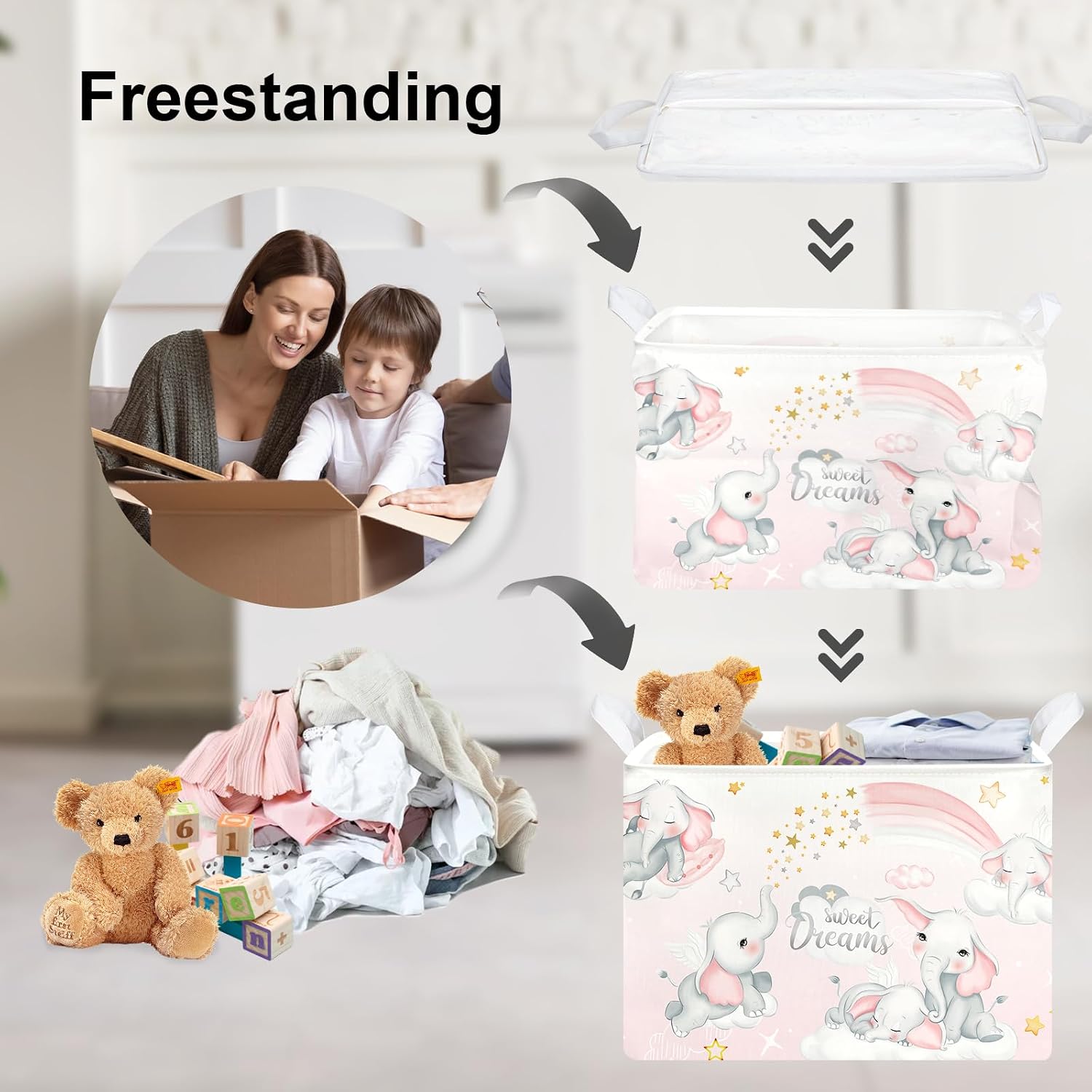 Clastyle Sleeping Elephants Storage Basket Rectangle Pink Rainbow Girls Basket Cloud Moon Baby Shower Basket Kids Clothes Book Toy Storage Cube