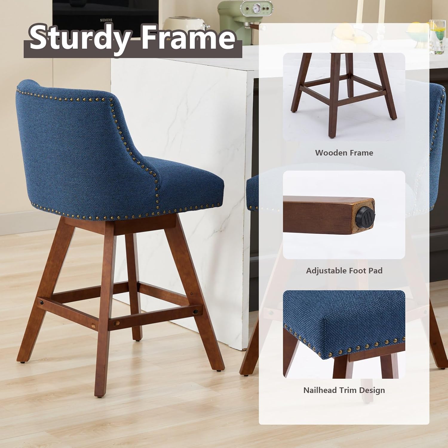 Shenyon Swivel Counter Stools Set of 4, 26.6" Seat Height, Upholstered Counter Height Barstools, Modern Linen Fabric Bar Stools with Back, Solid Wood Legs for Kitchen Island, Blue