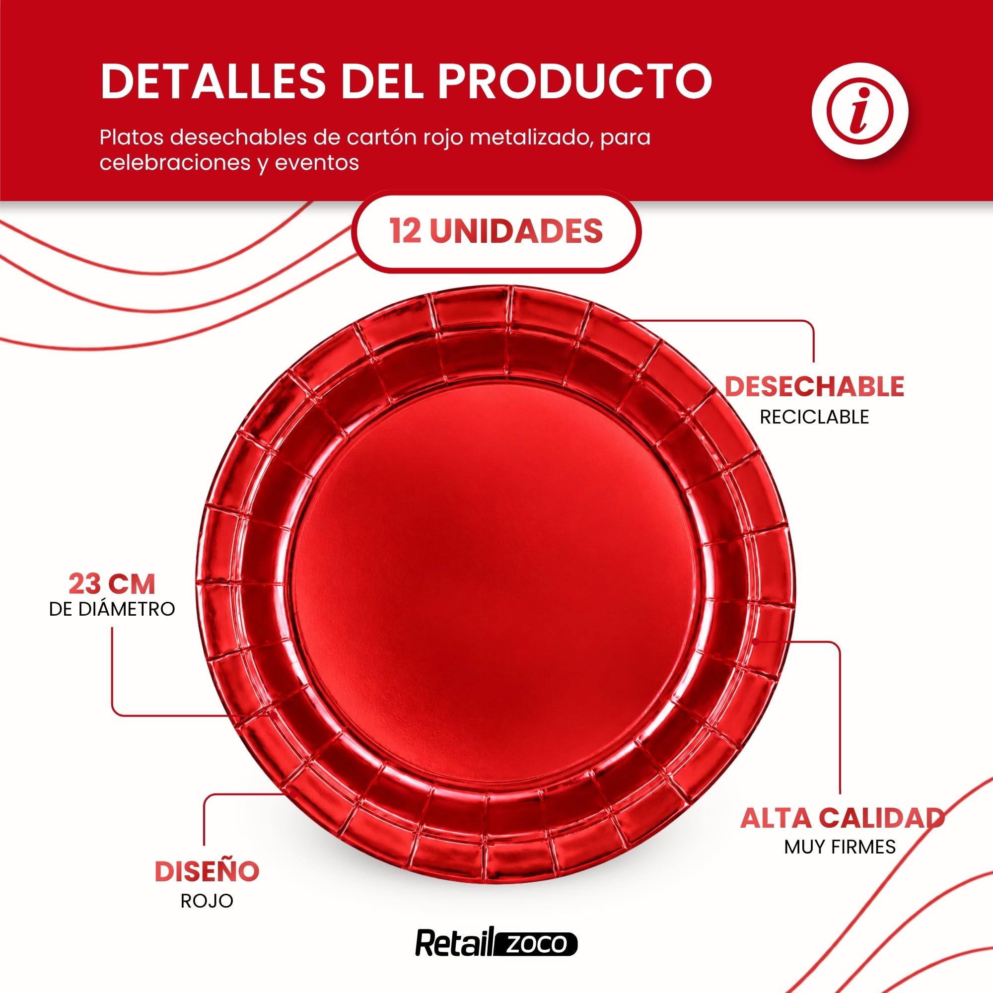 Platos de cartón,Platos Desechables cartón, Diseño Rojo, 12 Unidades - imagen 2