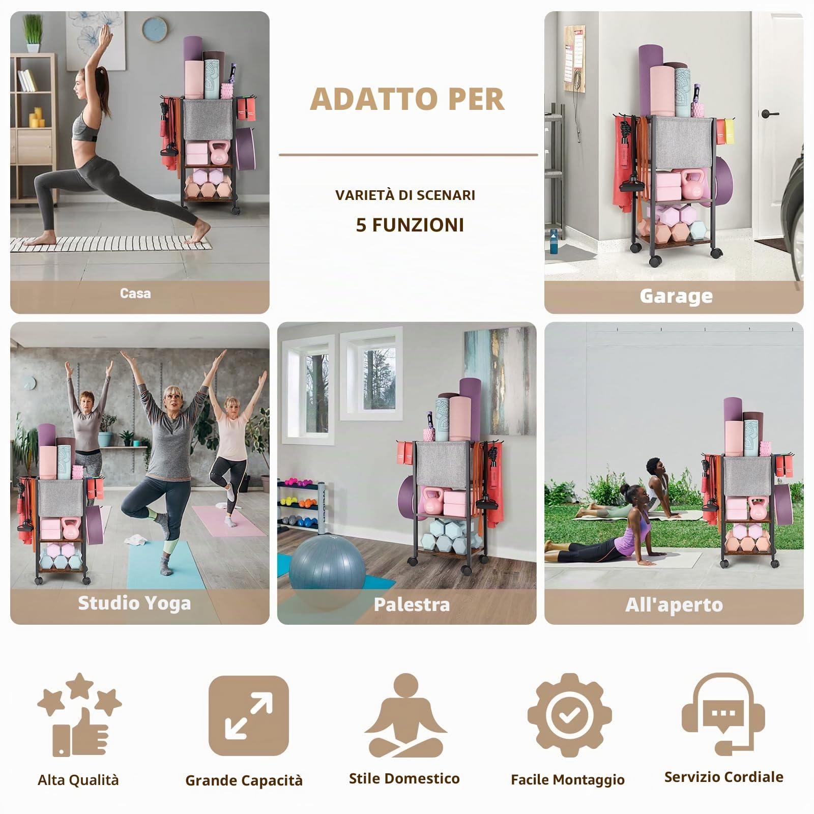 Bikoney Organizzatore Palestra Casa Multifunzionale, Rack Porta Manubri e Pesi con Supporto per Tappetini Yoga, Carrello Fitness per Kettlebell, Rulli di Schiuma e Bande, con Ruote e Ganci