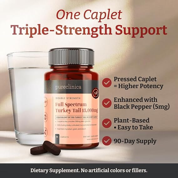 pureclinica Full Spectrum Turkey Tail Mushroom 1,000mg per Caplet x 90 Caplets Organic 15:1 Extract 300mg Beta-Glucans per Serving 100% Fruiting Body with Black Pepper Extract