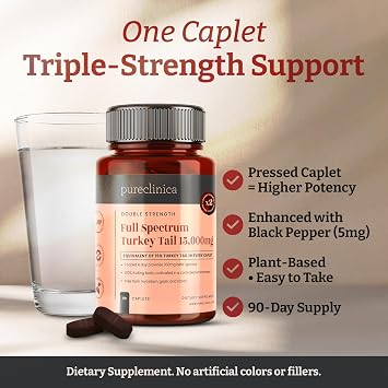 pureclinica Full Spectrum Turkey Tail Mushroom 1,000mg per Caplet x 90 Caplets Organic 15:1 Extract 300mg Beta-Glucans per Serving 100% Fruiting Body with Black Pepper Extract