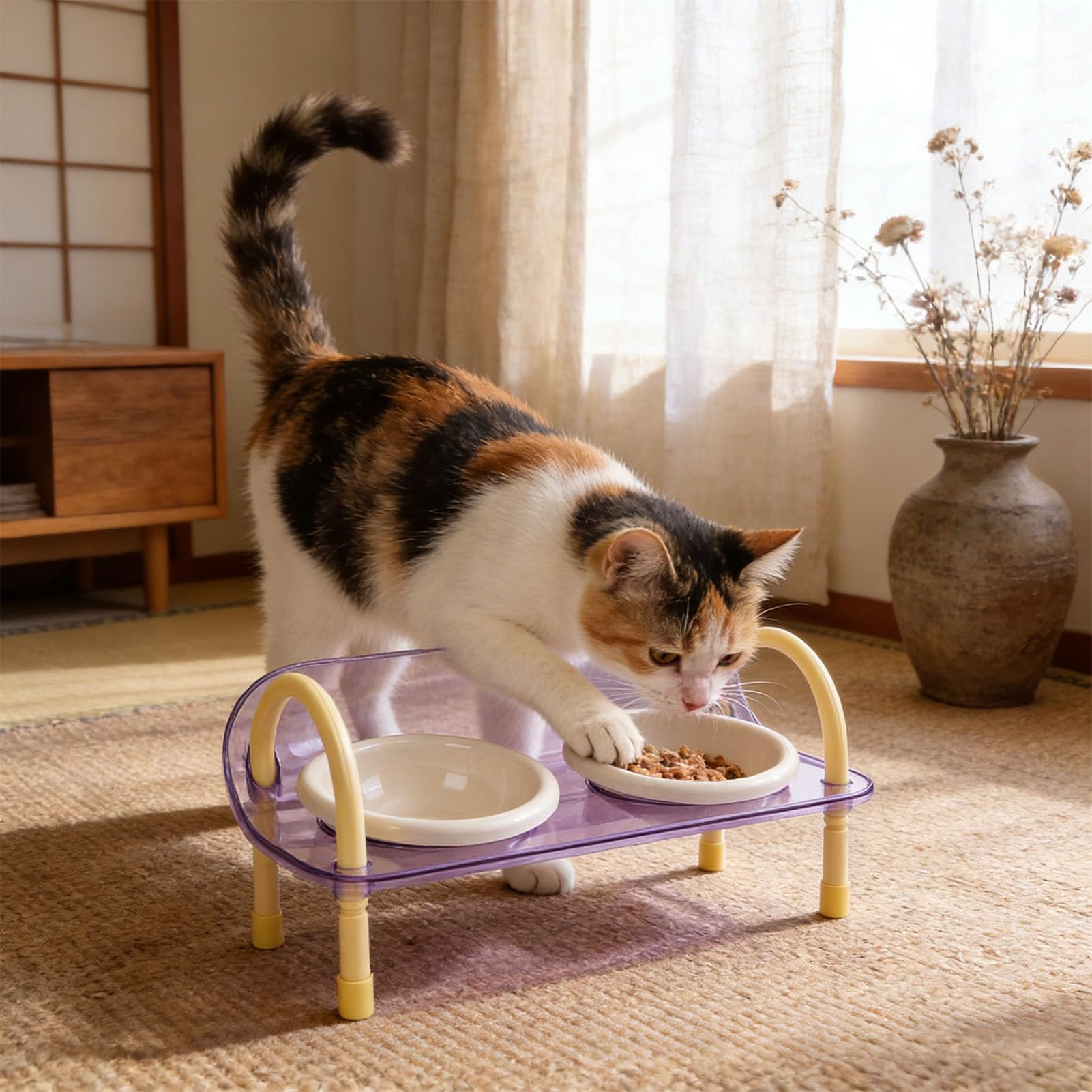 SIXRUN Cuencos para Perros Comedero Elevado para Mascotas Soporte de Cuenco Doble de Plástico 42,5x23 Cm Cuencos Elevados para Perros con Diseño Dual de Comida y Agua para Gatos y Alimentación en
