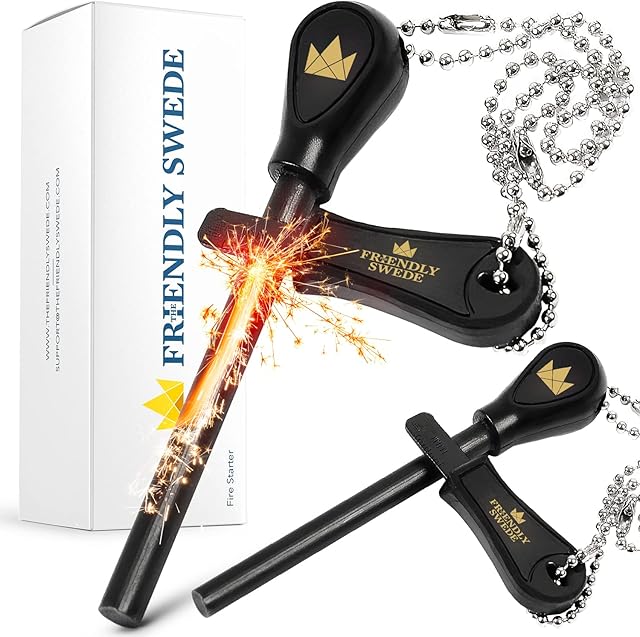 THE FRIENDLY SWEDE Ferro Rod Fire Starter - Easy Grip - Survival Fire Steel Ferrocerium Stick with Striker  Camping Emergency Lighter Flint and Steel (1 or 2-Pack)