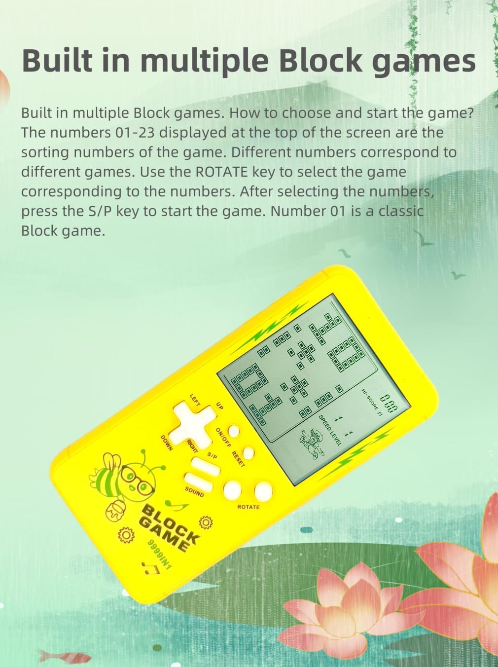 Cute Cartoon Pattern Brick Game Console Built-in Multi-Block Games Racing/Tank Battle Retro Pocket Machine Electronic Game Portable Toys for Children/Adults (Yellow)
