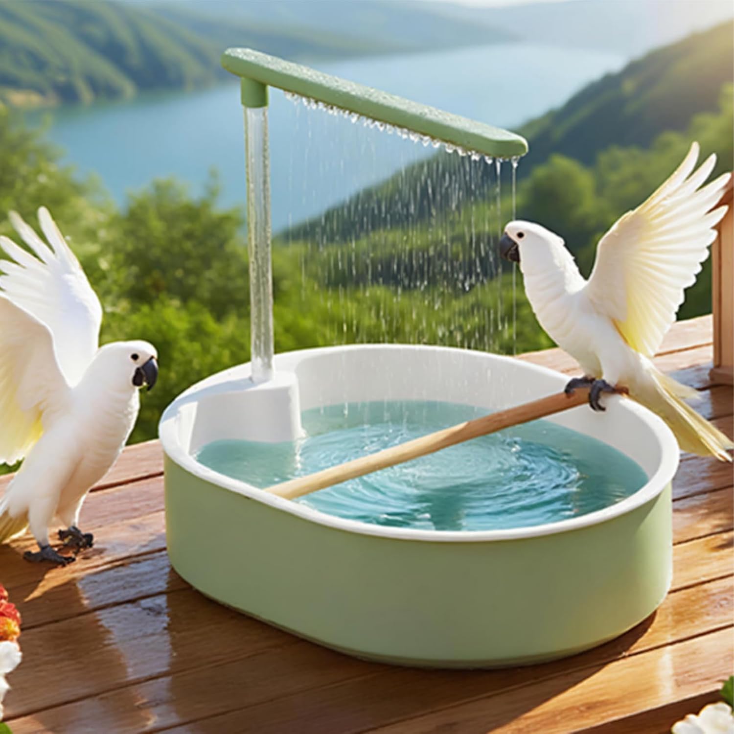 Automatic Parakeet Bird Bath with Pump, Large Bird Shower Fountain Indoor Bathtub with Running Water, Parrot Bath Tub Faucet, Interactive Feathered Pet Bath for Many Kinds of Birds (White)