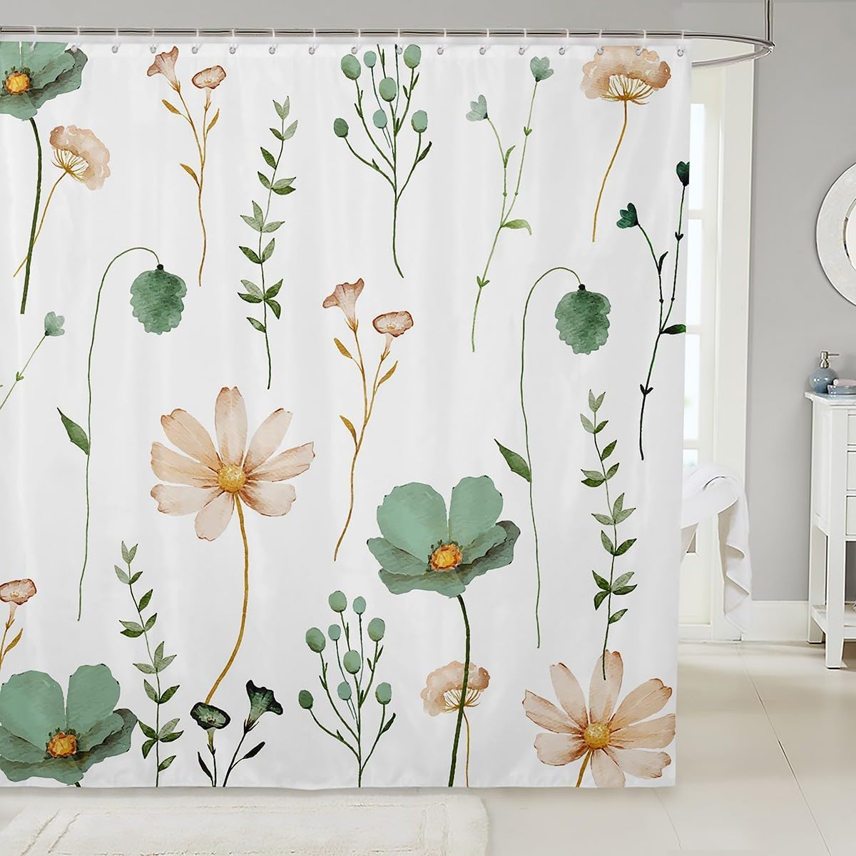 Watercolor Floral Shower Curtain 72" W X 78" L, Sage Green Beige Flower Bathroom Shower Curtain Sets, Modern Minimalist White Fabric Shower Curtain Pastoral Branches Aesthetic Bathroom Accessories