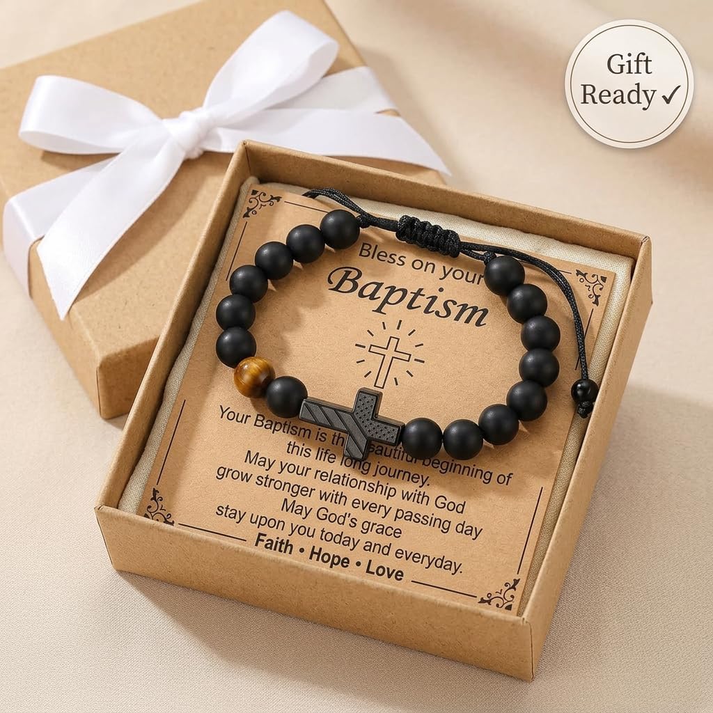Stainless Steel Cross Beaded Bracelet for Him,Husband,Godson - Adjustable Religious Jewelry for Baptism, Confirmation & Communion, Inspirational Gift for Men