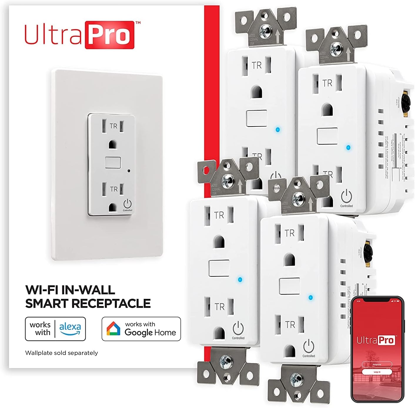 UltraPro in-Wall Smart Outlet,Receptacle,2.4 GHz Wi-Fi,No Hub Required,Compatible with Alexa & Google Assistant,Tamper-Resistant,1 Wi-Fi 1 Always On Outlet,4 Pack,51417,White Smart Outlet