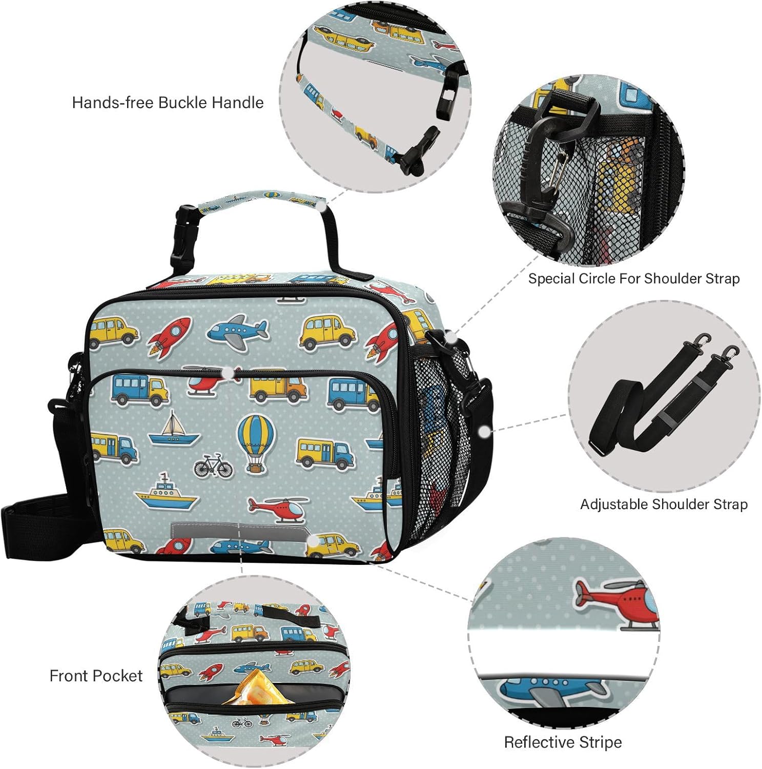 Dussdil Cartoon Bus Taxi Airplane Truck Kids Lunch Bags for Boys Girls Lunch Meal Box Insulated Thermal Cooler Bag Reusable Organizer Tote Lunch Bag with Adjustable Shoulder Strap for School Picnic